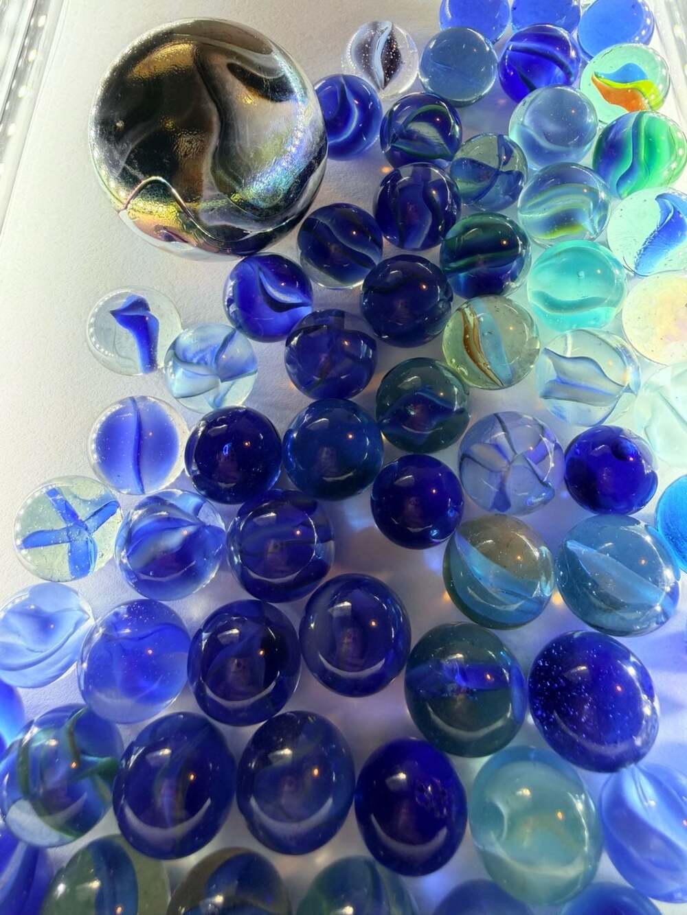 Vintage and Modern Blue Glass Marble Collection - Lot of 50+ with Large Iridesce